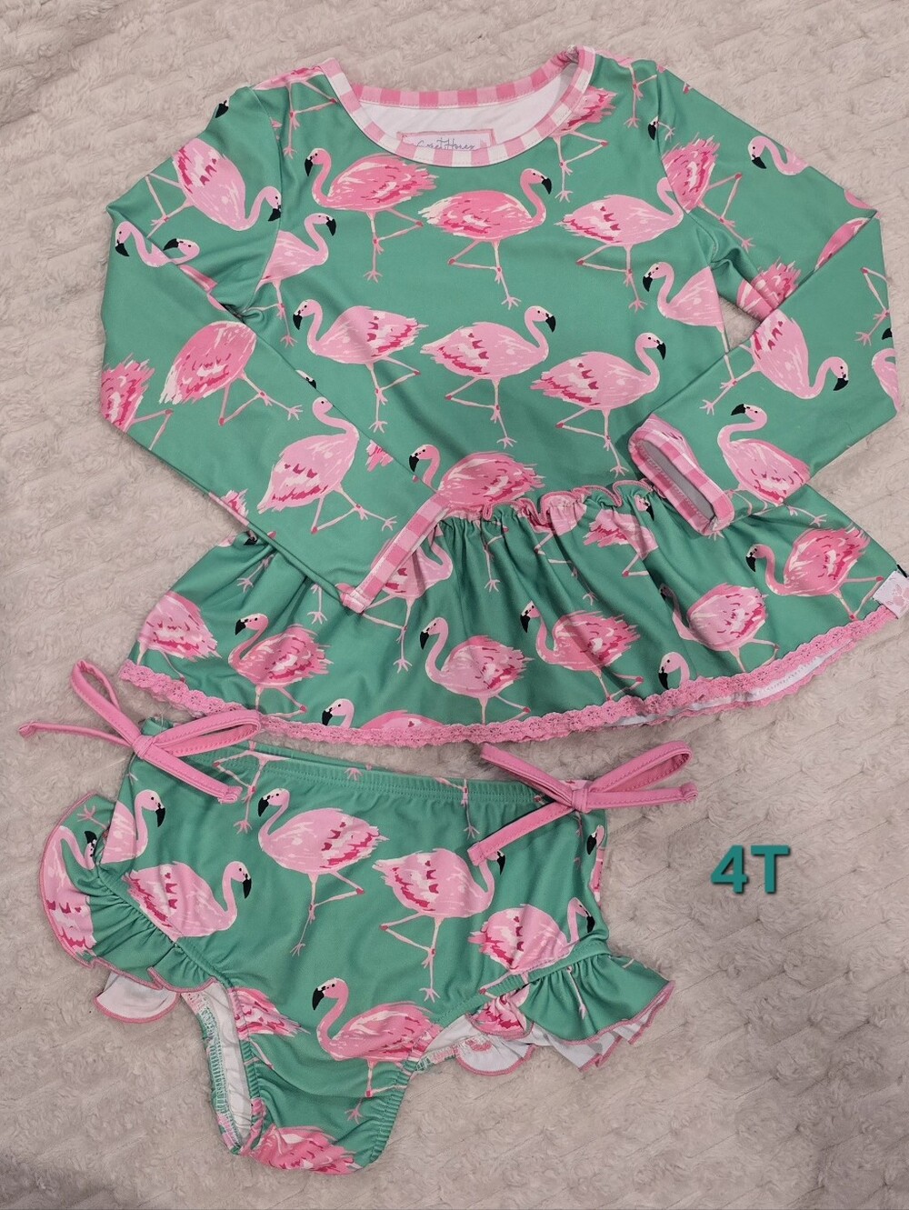 SweetHoney Girls Green & Pink Flamingo Two-Piece Swim Set